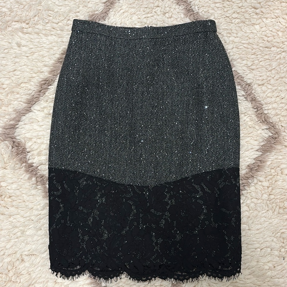 Pristine JCREW grey herringbone wool with sequins and lace skirt -petite